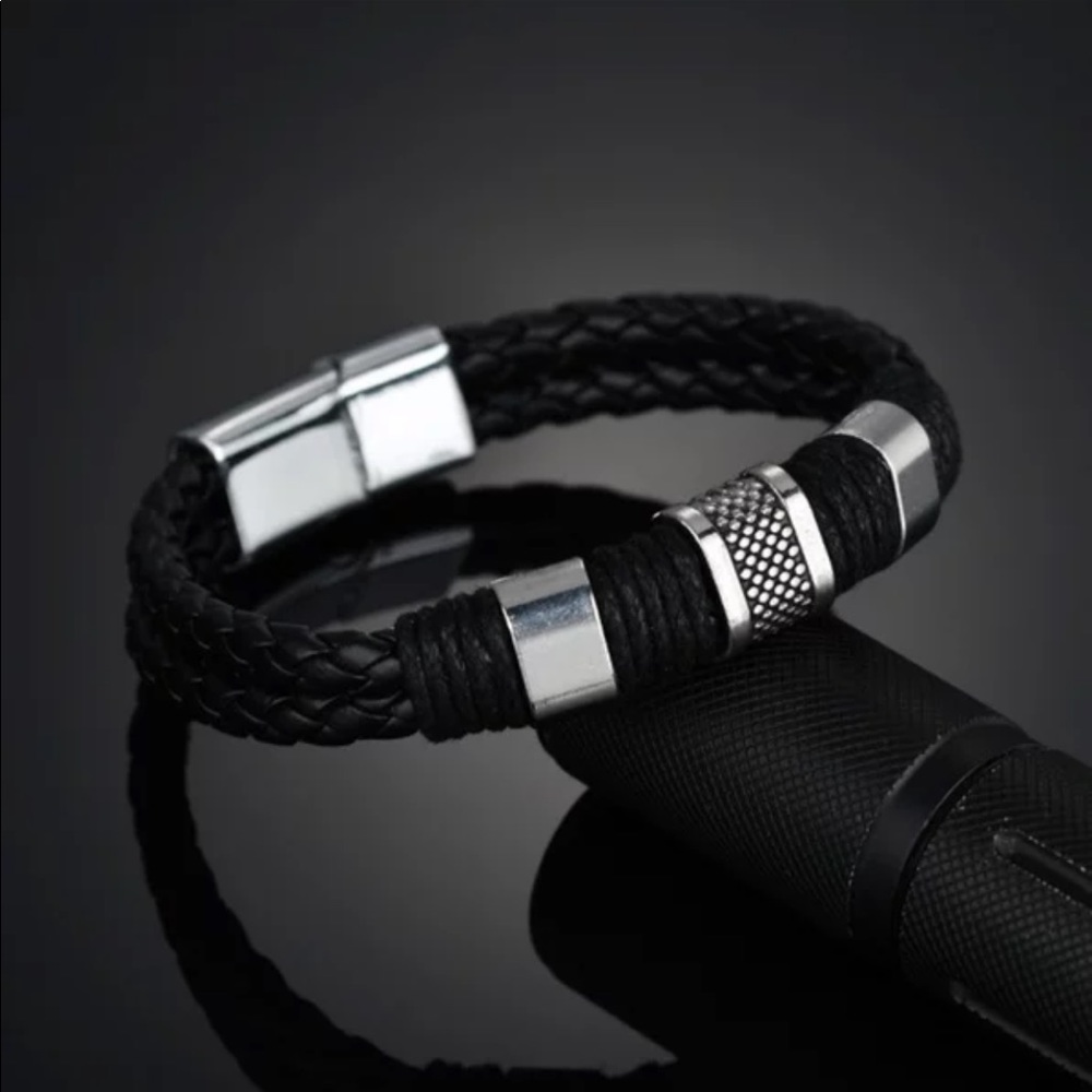 Black Braid Leather Titanium Bracelet Unisex - Picture 6 of 12